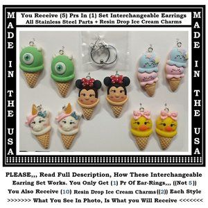 5/$20 Ice Cream Character Unicorn Interchangeable Charm Earrings-5 Pairs in Set
